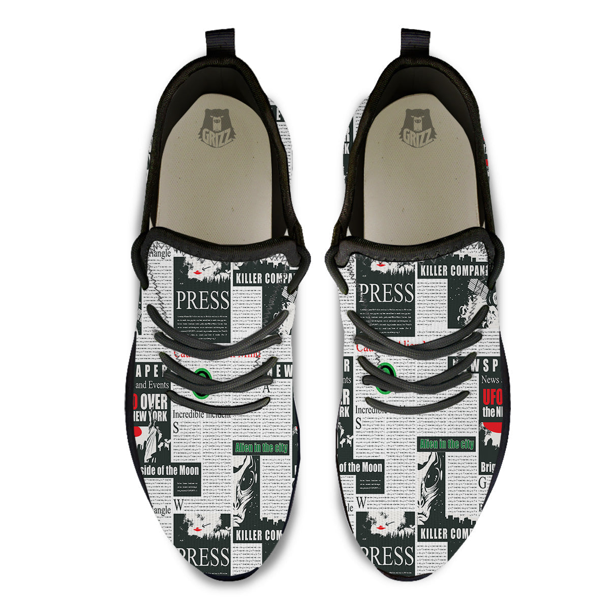 Newspaper Headlines Alien Print Pattern Black Athletic Shoes-grizzshop