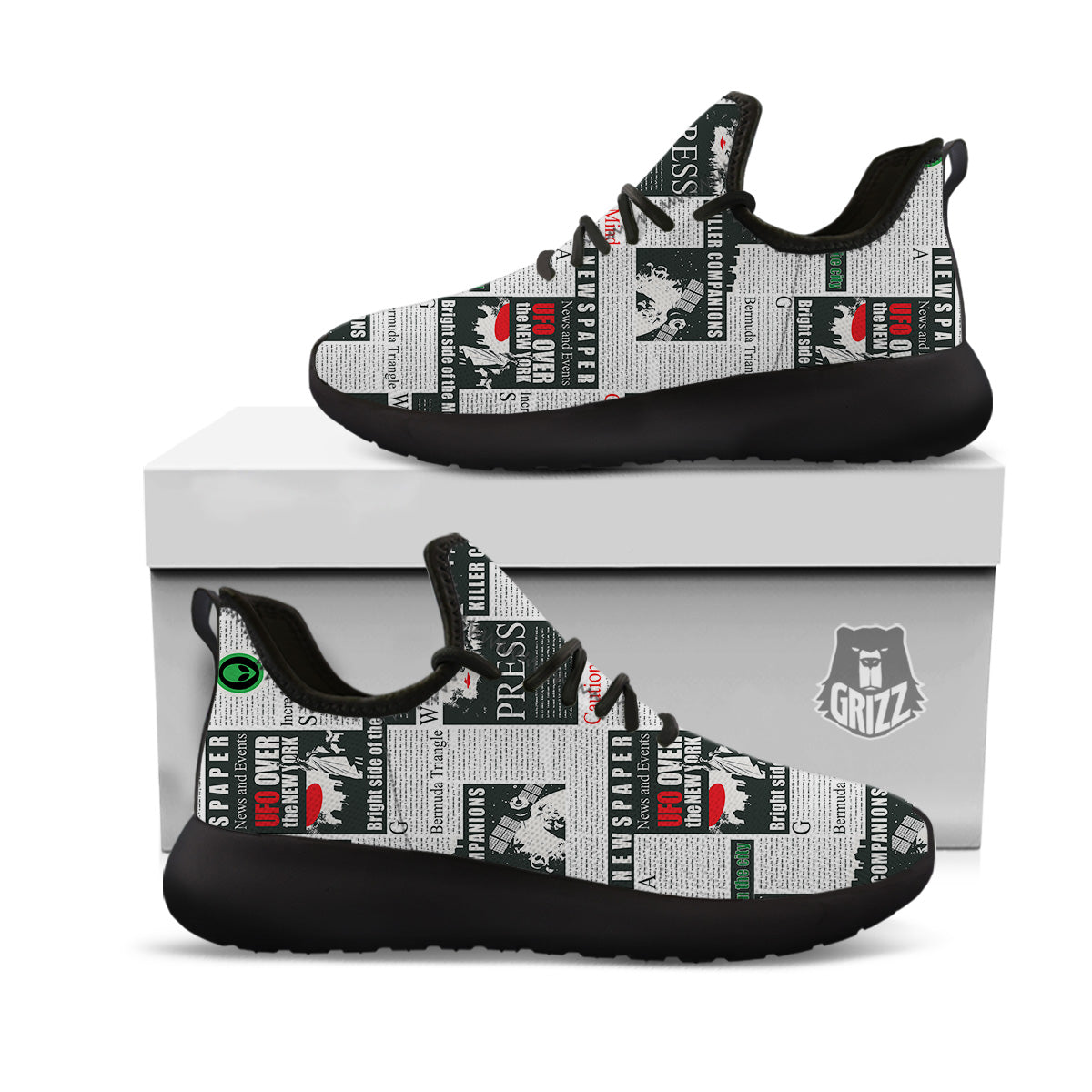 Newspaper Headlines Alien Print Pattern Black Athletic Shoes-grizzshop