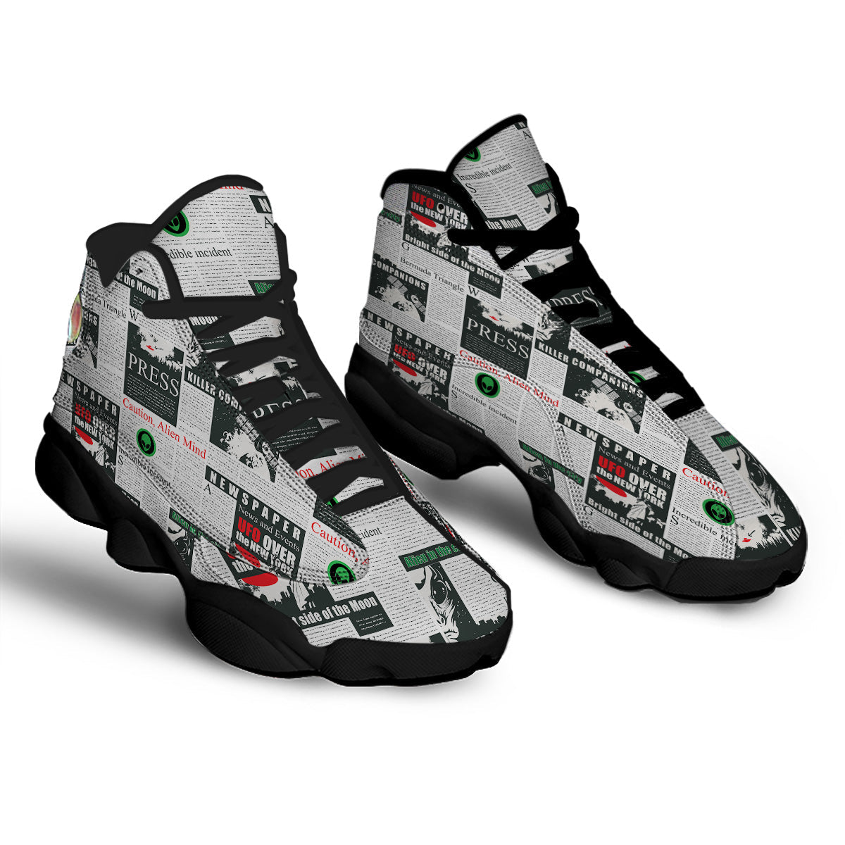 Newspaper Headlines Alien Print Pattern Black Basketball Shoes-grizzshop