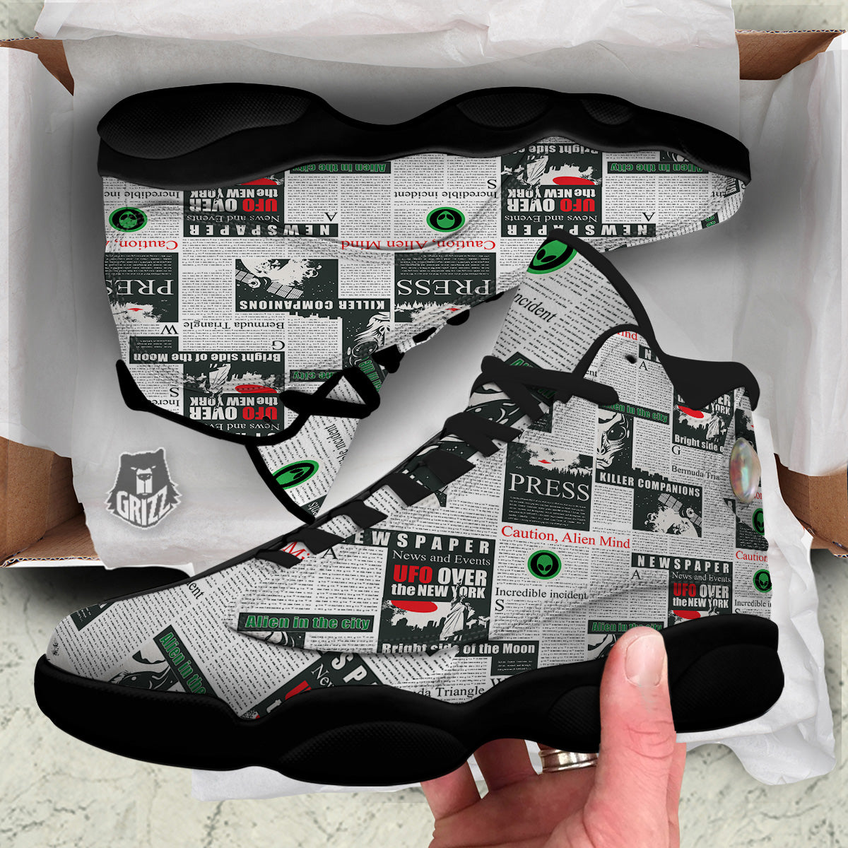 Newspaper Headlines Alien Print Pattern Black Basketball Shoes-grizzshop
