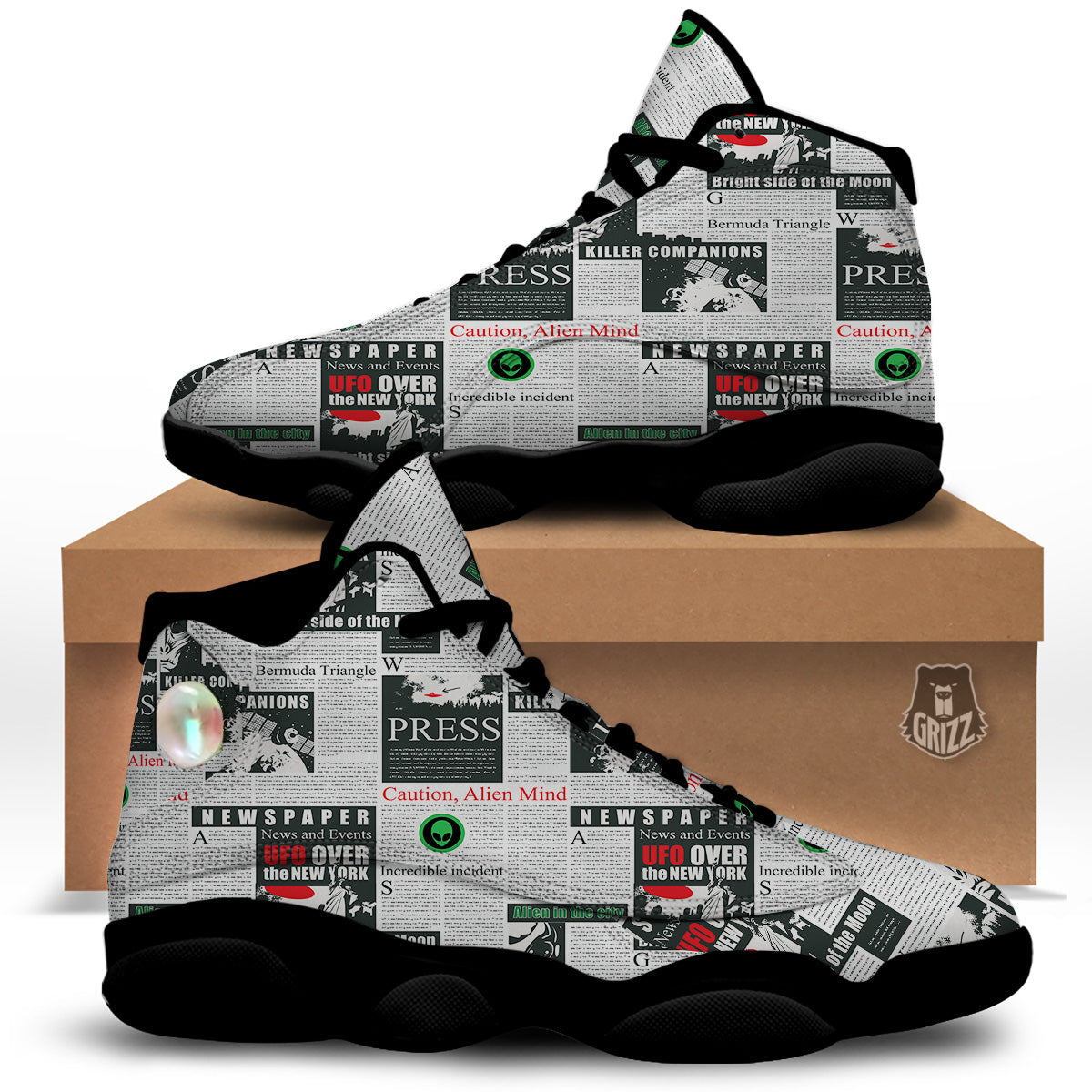 Newspaper Headlines Alien Print Pattern Black Basketball Shoes-grizzshop