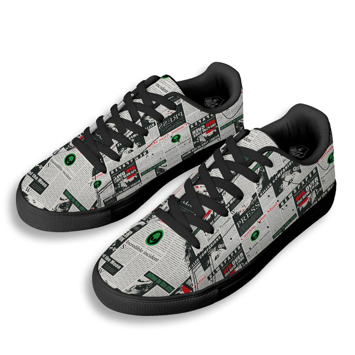 Newspaper Headlines Alien Print Pattern Black Low Top Sneakers-grizzshop
