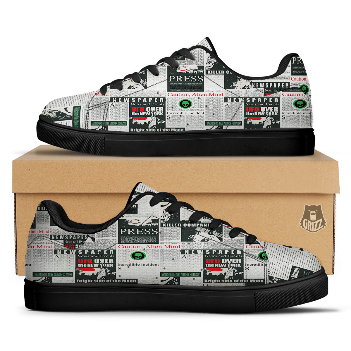 Newspaper Headlines Alien Print Pattern Black Low Top Sneakers-grizzshop