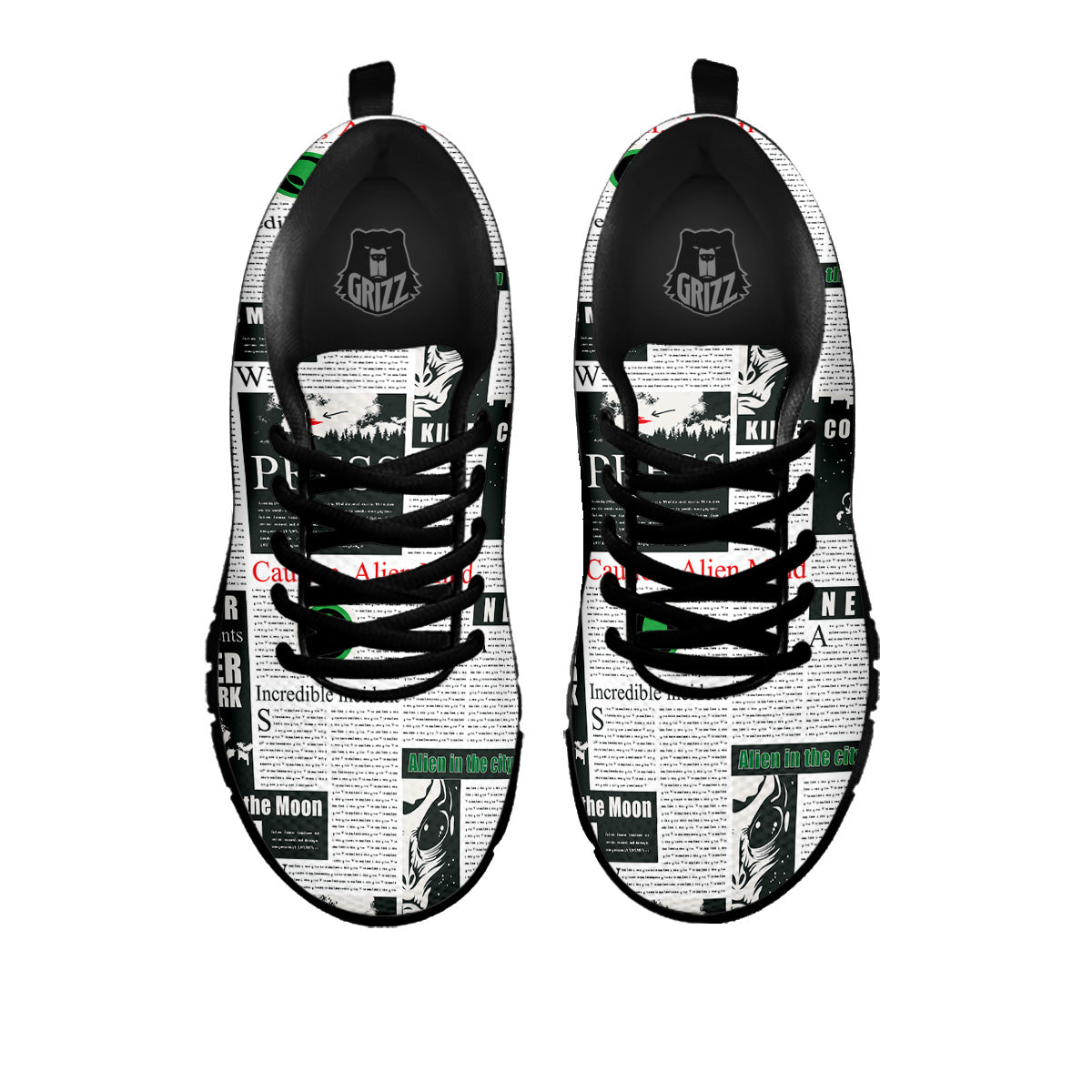 Newspaper Headlines Alien Print Pattern Black Sneaker-grizzshop