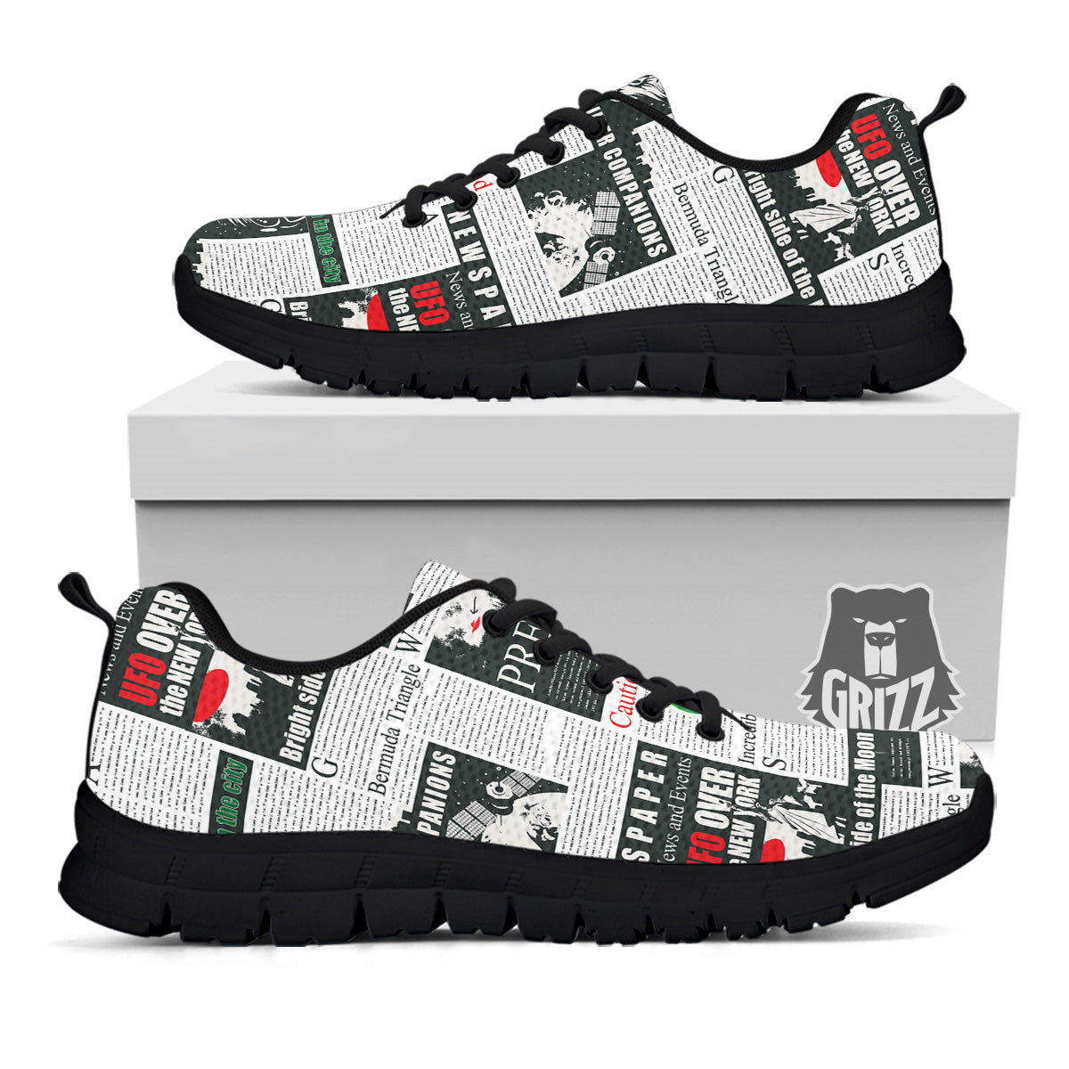 Newspaper Headlines Alien Print Pattern Black Sneaker-grizzshop