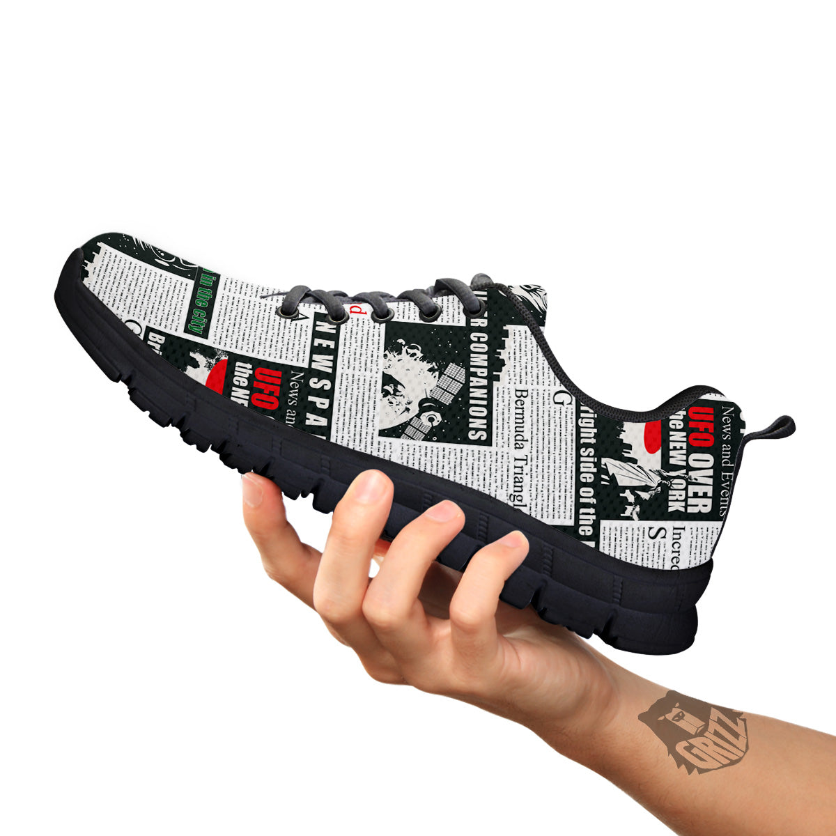 Newspaper Headlines Alien Print Pattern Black Sneaker-grizzshop