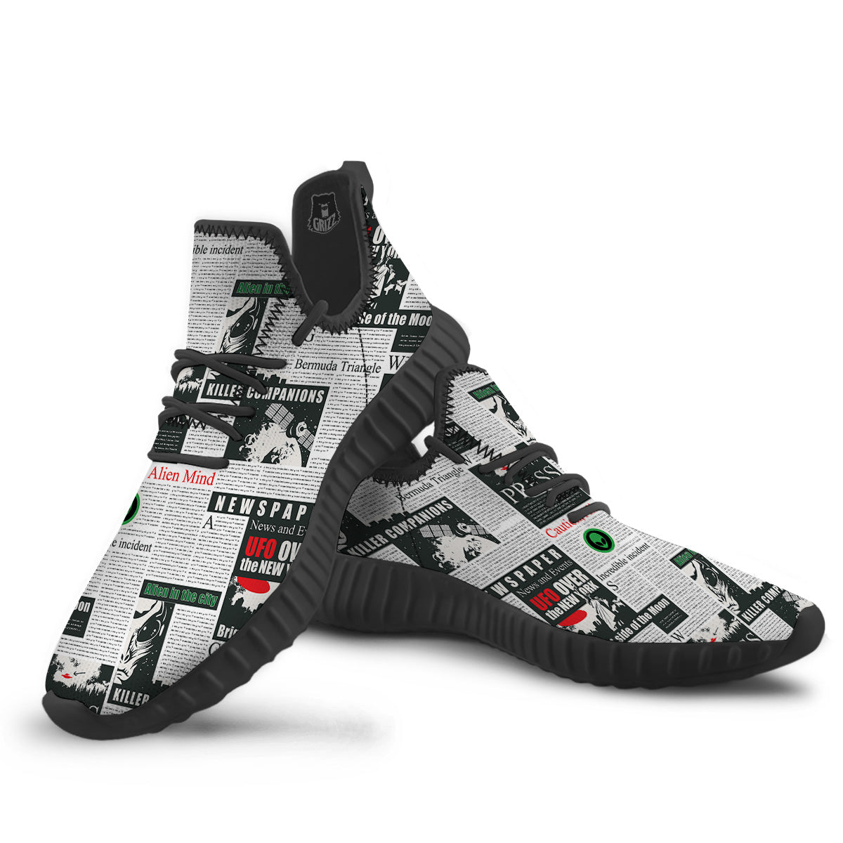 Newspaper Headlines Alien Print Pattern Black Walking Shoes-grizzshop