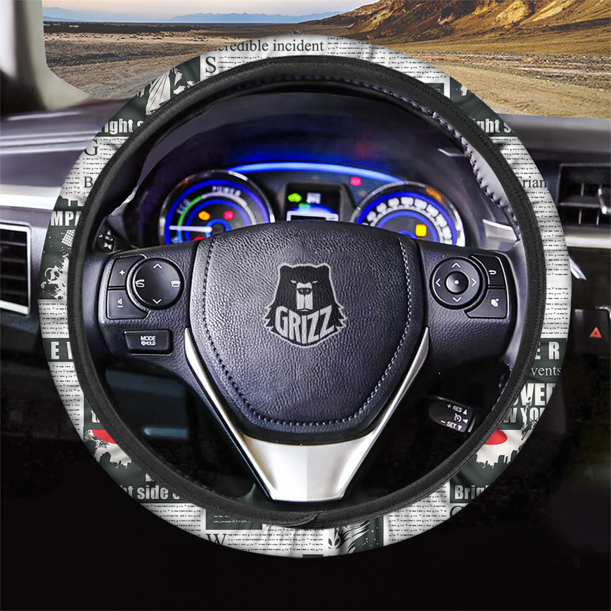 Newspaper Headlines Alien Print Pattern Car Steering Wheel Cover-grizzshop