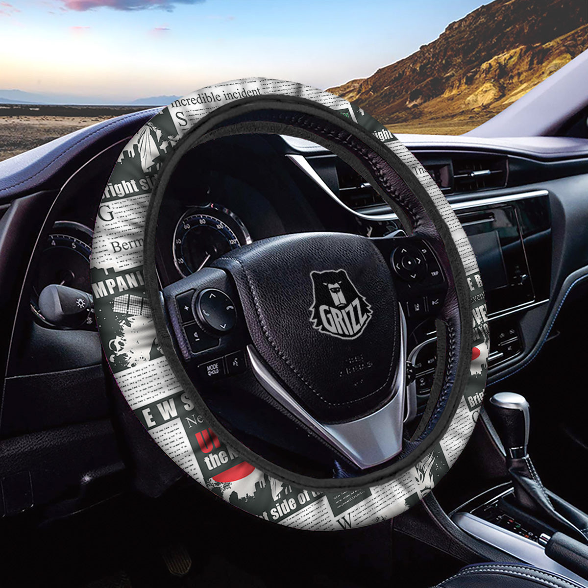 Newspaper Headlines Alien Print Pattern Car Steering Wheel Cover-grizzshop
