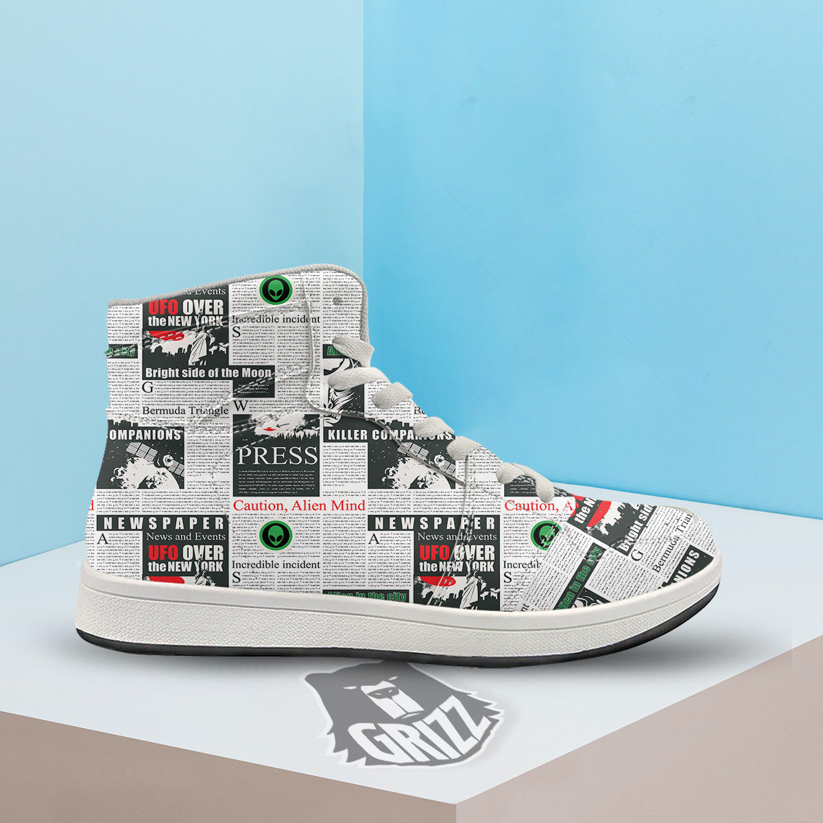 Newspaper Headlines Alien Print Pattern High Top Sneakers-grizzshop