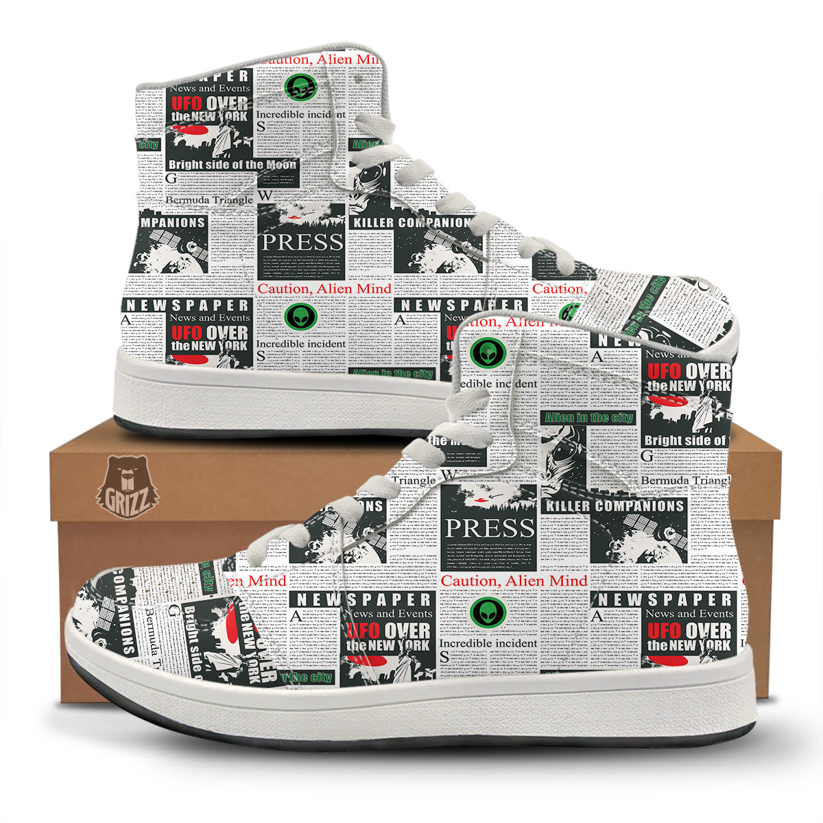 Newspaper Headlines Alien Print Pattern High Top Sneakers-grizzshop