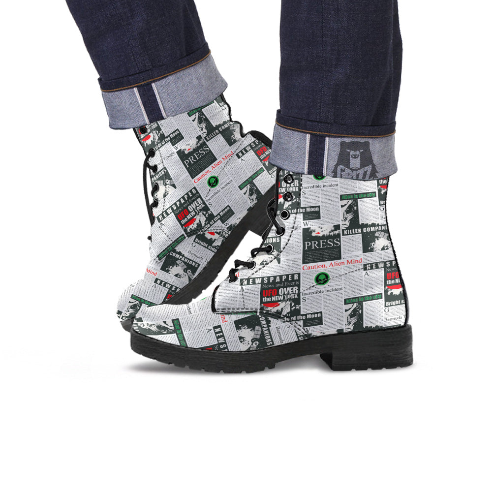 Newspaper Headlines Alien Print Pattern Leather Boots-grizzshop