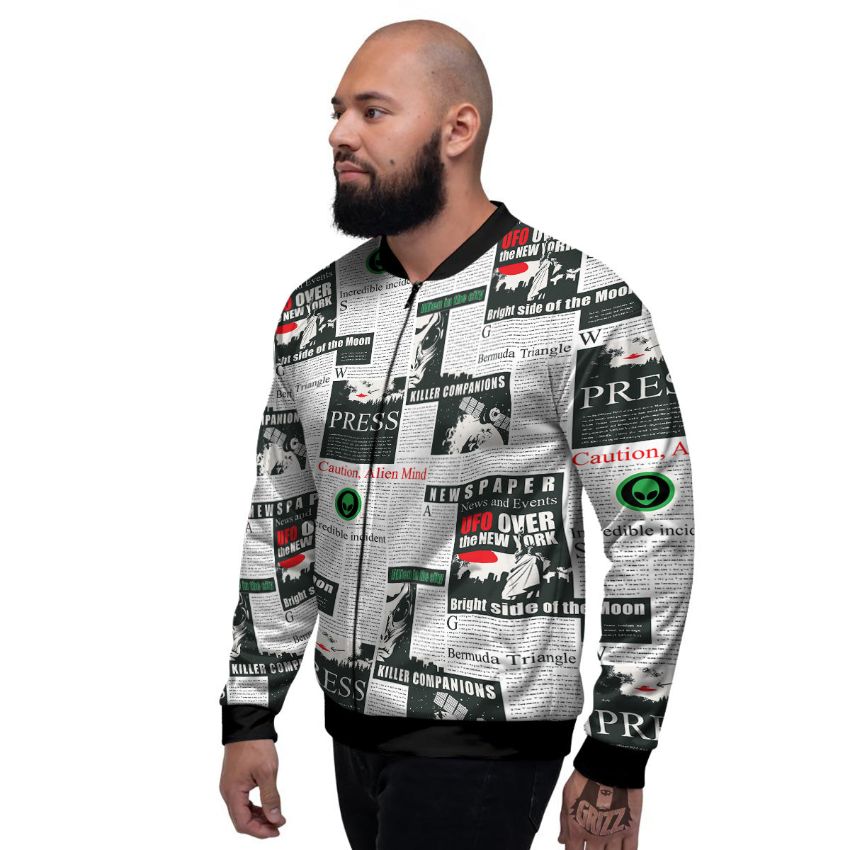 Newspaper Headlines Alien Print Pattern Men's Bomber Jacket-grizzshop