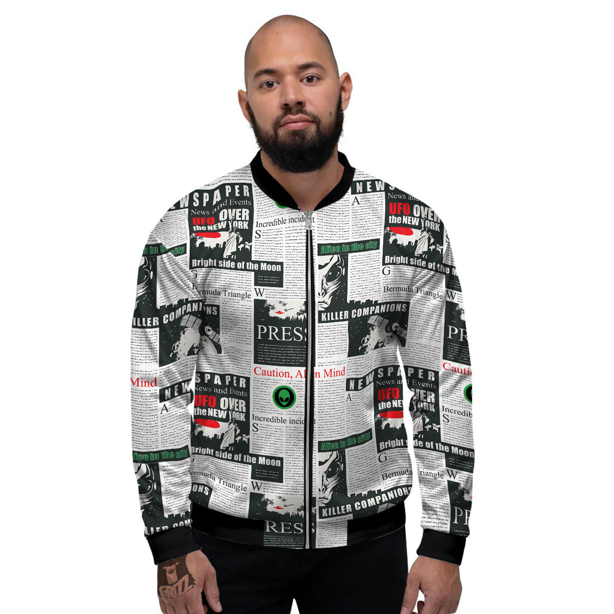 Newspaper Headlines Alien Print Pattern Men's Bomber Jacket-grizzshop