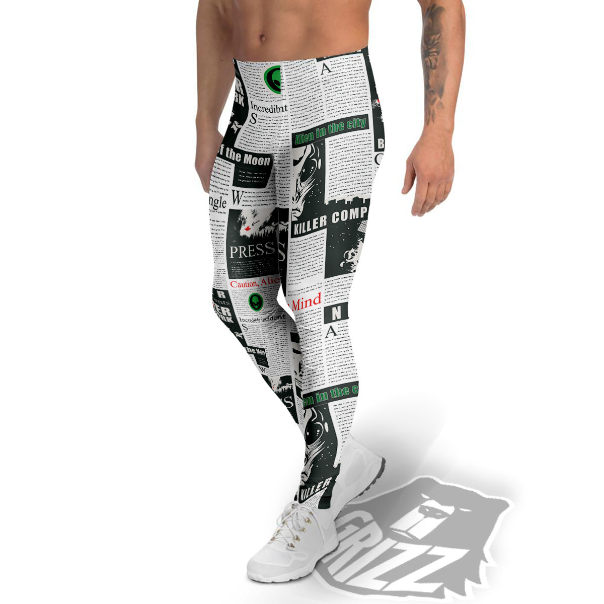 Newspaper Headlines Alien Print Pattern Men's Leggings-grizzshop