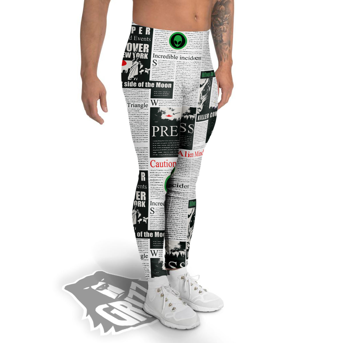 Newspaper Headlines Alien Print Pattern Men's Leggings-grizzshop