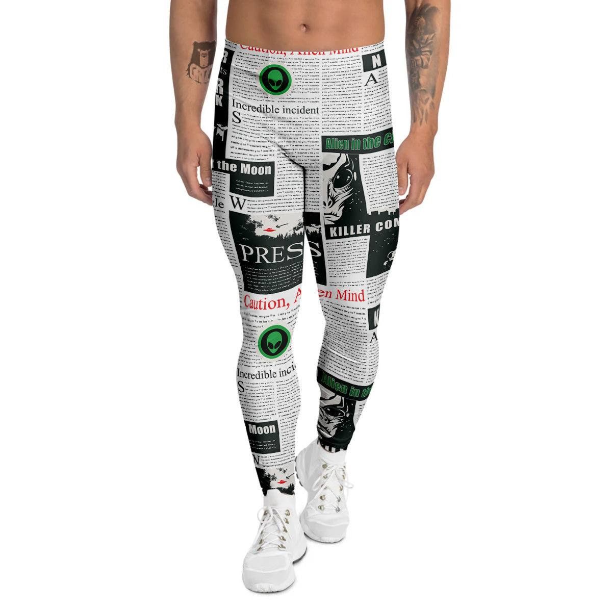 Newspaper Headlines Alien Print Pattern Men's Leggings-grizzshop