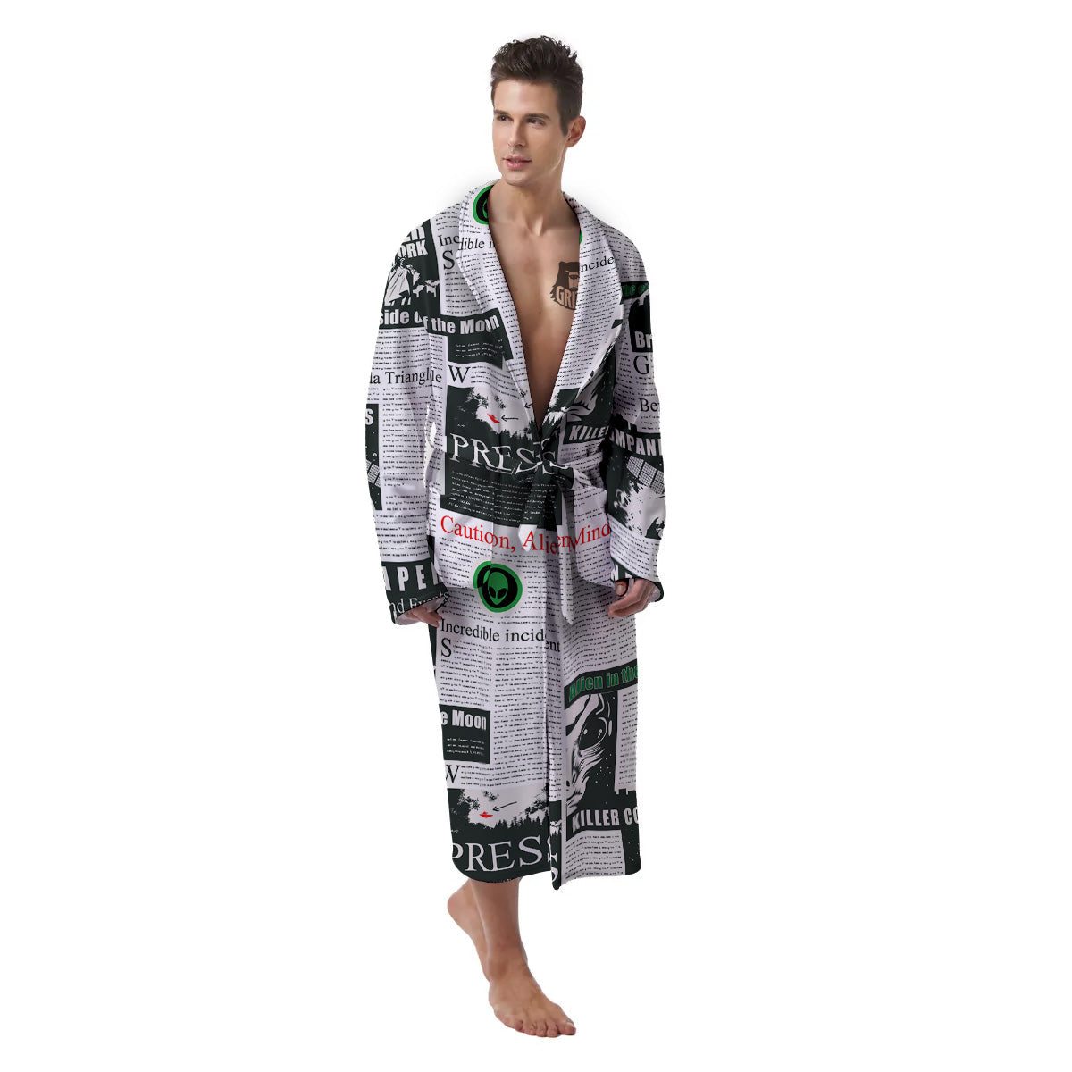 Newspaper Headlines Alien Print Pattern Men's Robe-grizzshop