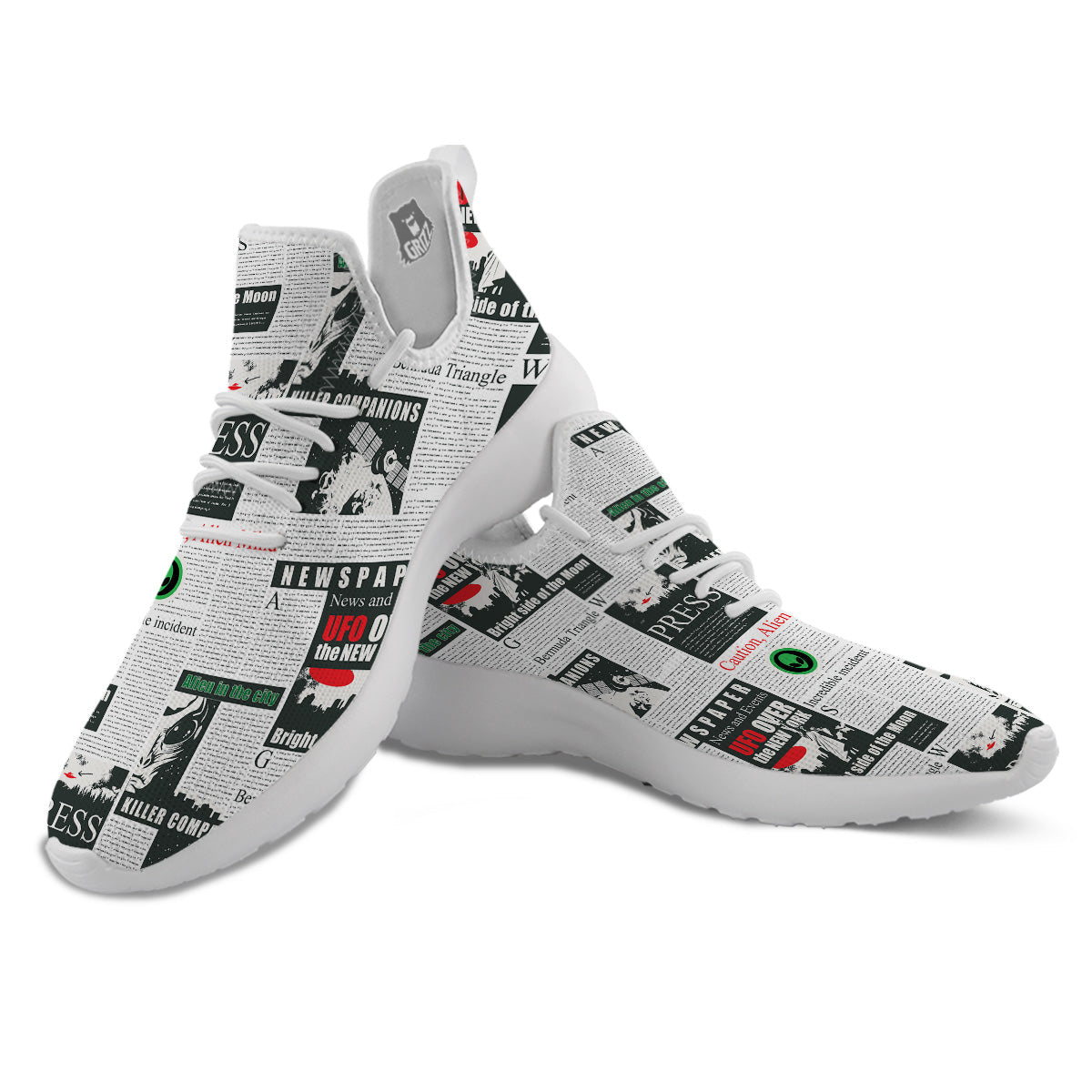 Newspaper Headlines Alien Print Pattern White Athletic Shoes-grizzshop