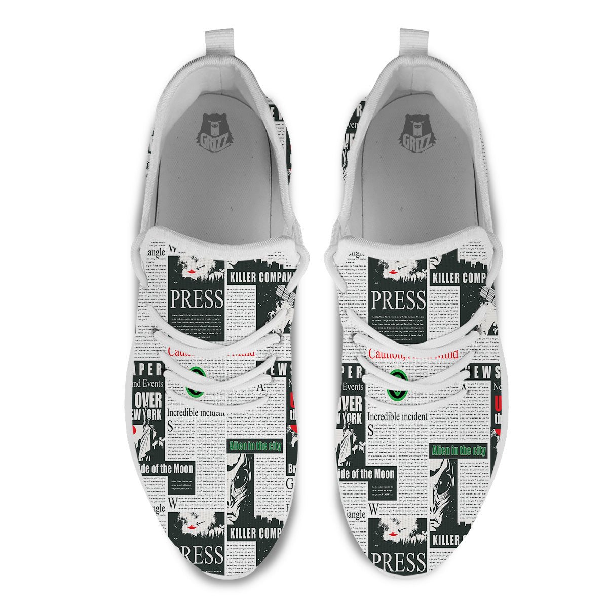 Newspaper Headlines Alien Print Pattern White Athletic Shoes-grizzshop