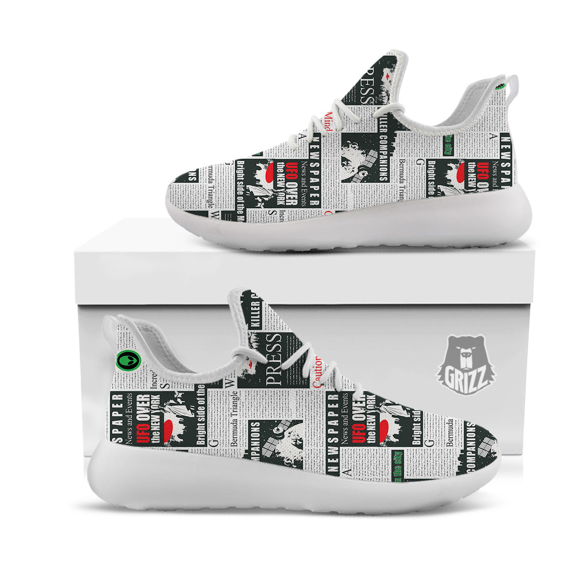 Newspaper Headlines Alien Print Pattern White Athletic Shoes-grizzshop
