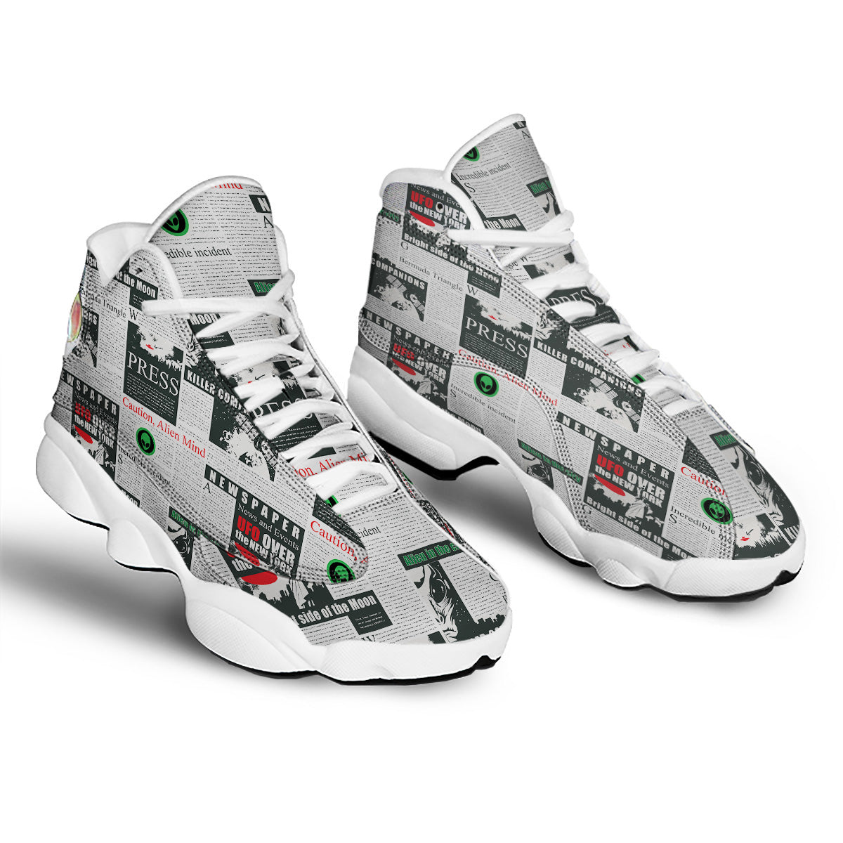 Newspaper Headlines Alien Print Pattern White Basketball Shoes-grizzshop