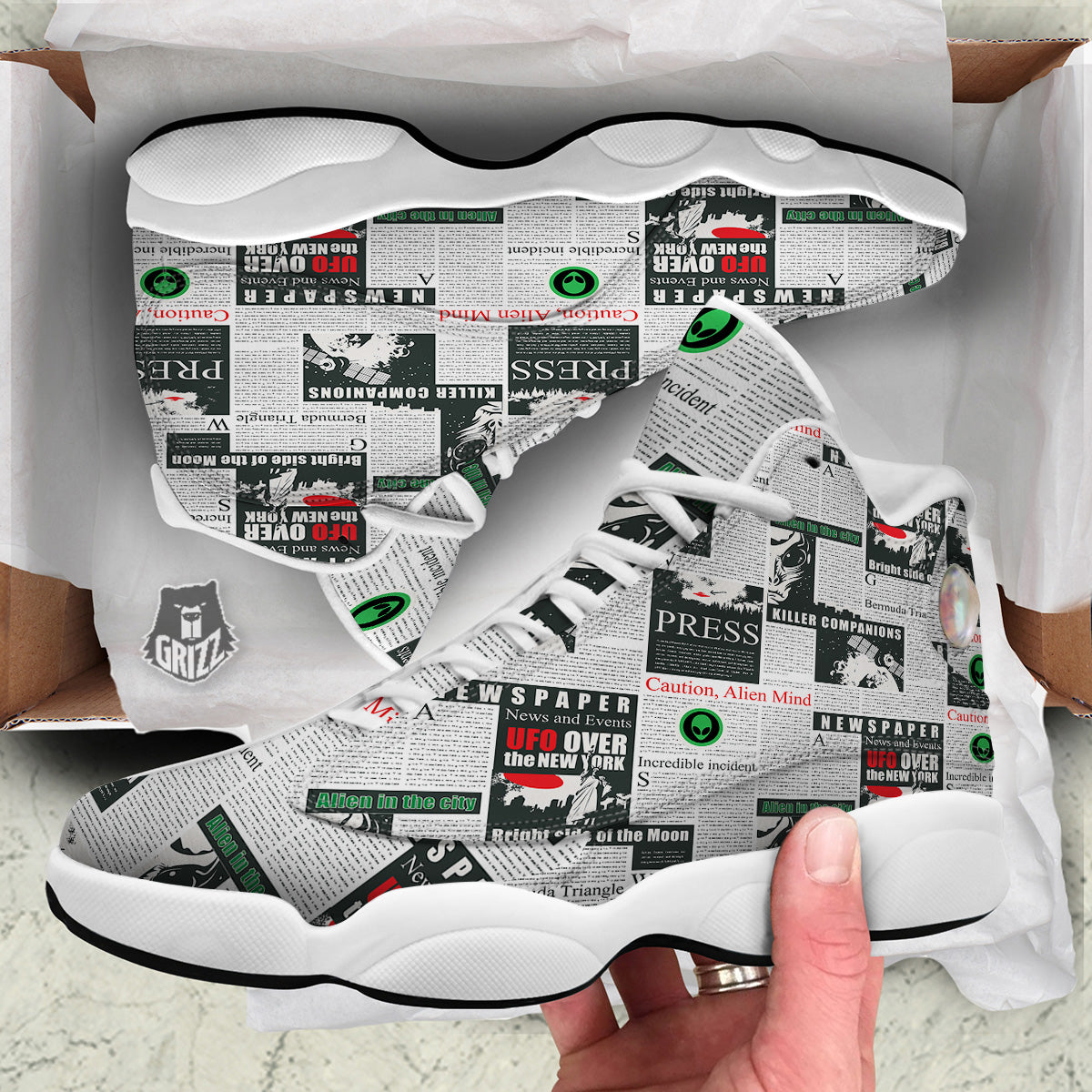 Newspaper Headlines Alien Print Pattern White Basketball Shoes-grizzshop