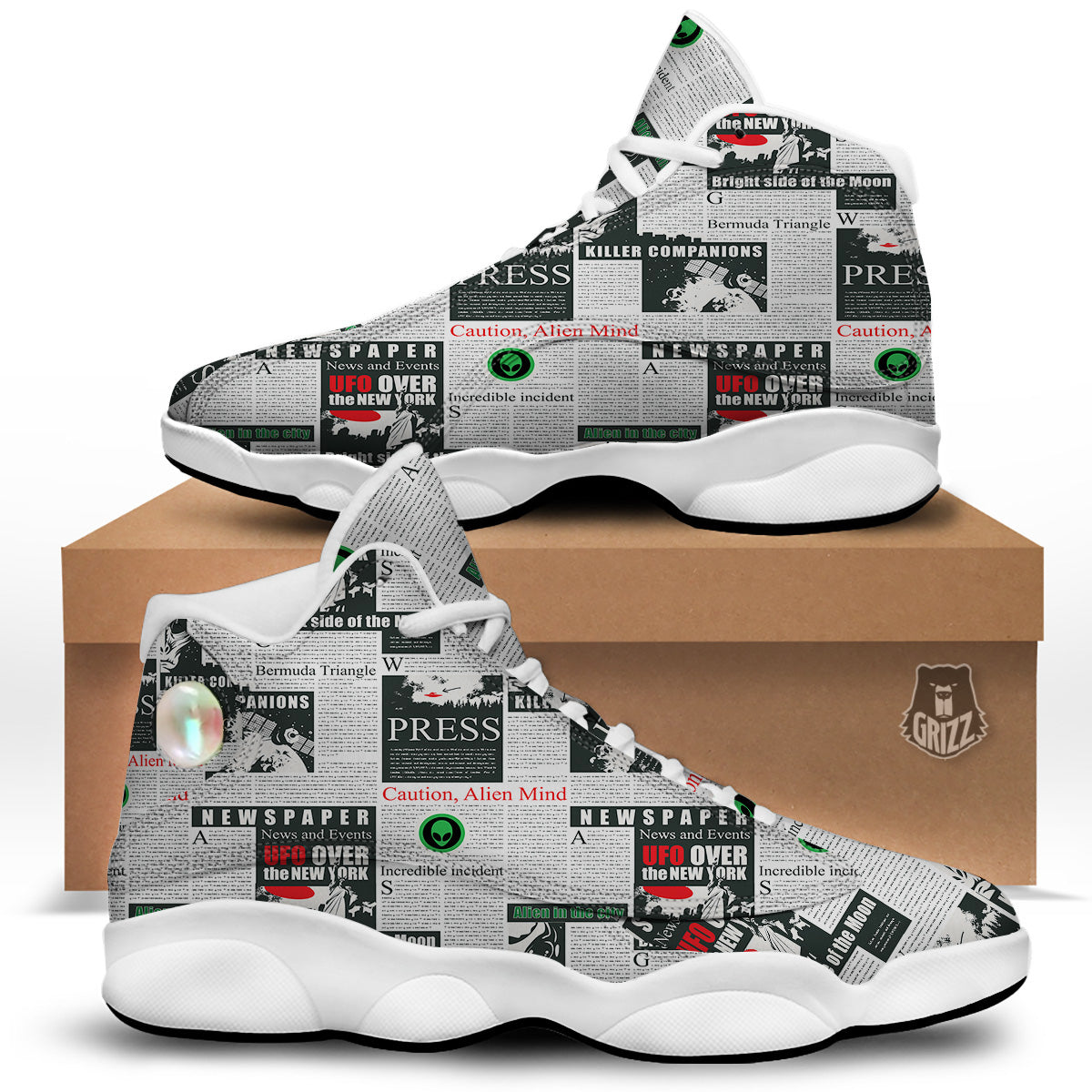Newspaper Headlines Alien Print Pattern White Basketball Shoes-grizzshop