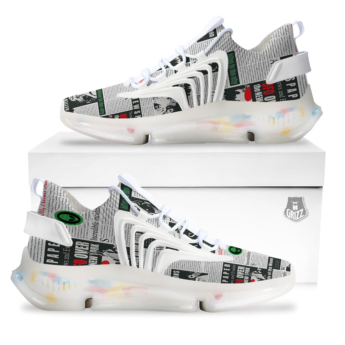 Newspaper Headlines Alien Print Pattern White Gym Shoes-grizzshop