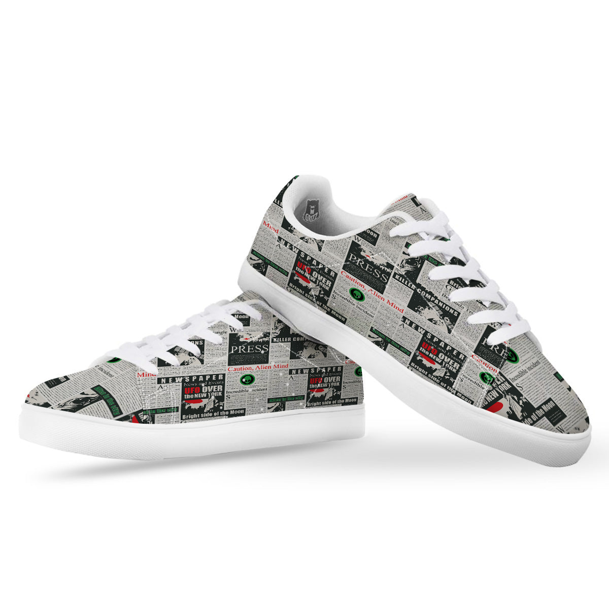 Newspaper Headlines Alien Print Pattern White Low Top Sneakers-grizzshop