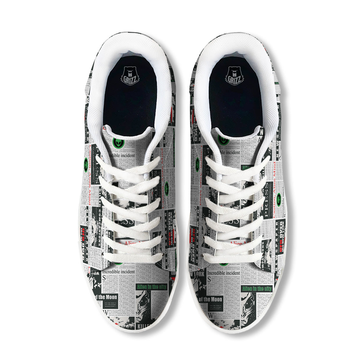 Newspaper Headlines Alien Print Pattern White Low Top Sneakers-grizzshop