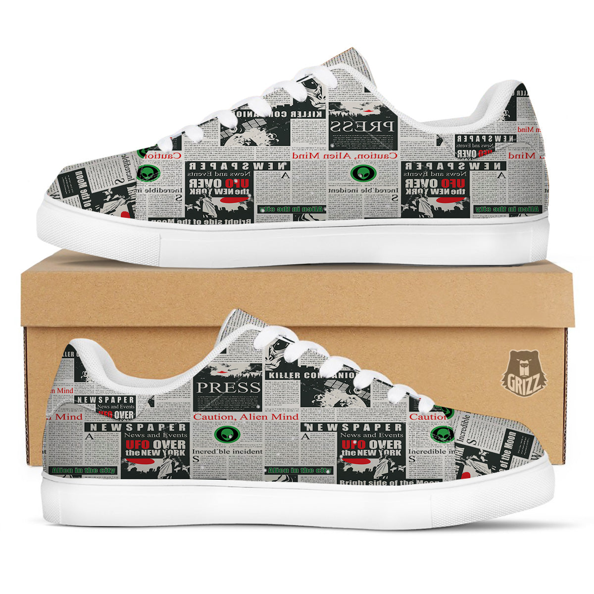 Newspaper Headlines Alien Print Pattern White Low Top Sneakers-grizzshop