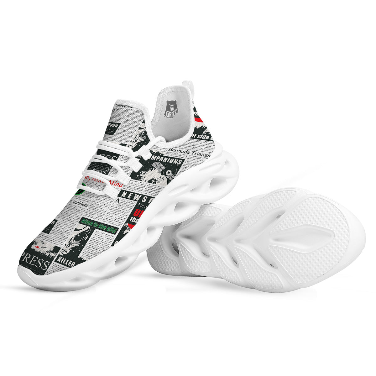 Newspaper Headlines Alien Print Pattern White Running Shoes-grizzshop