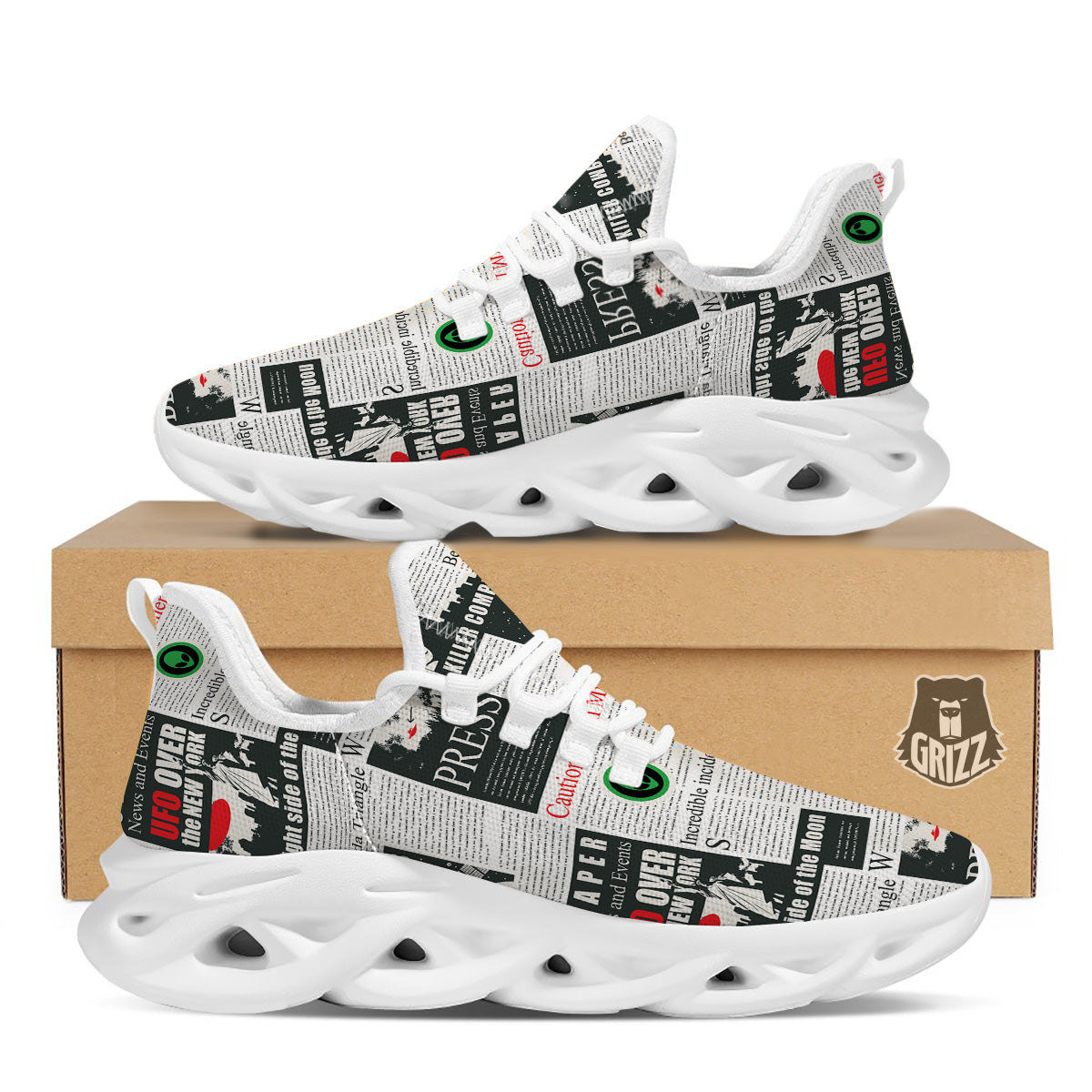 Newspaper Headlines Alien Print Pattern White Running Shoes-grizzshop