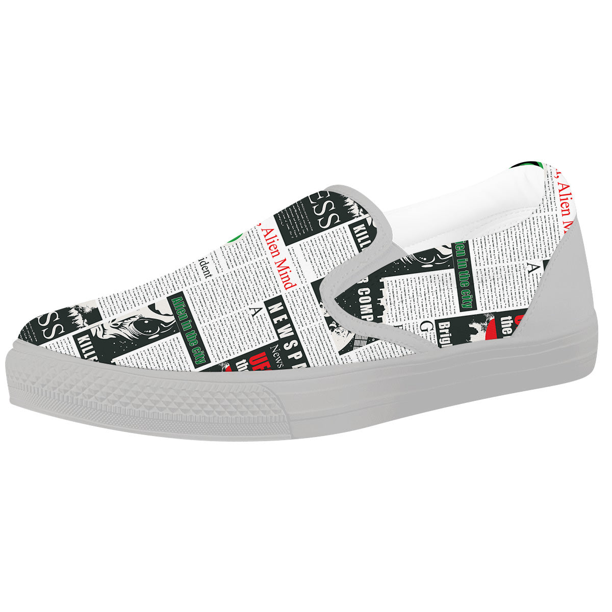 Newspaper Headlines Alien Print Pattern White Slip On Shoes-grizzshop