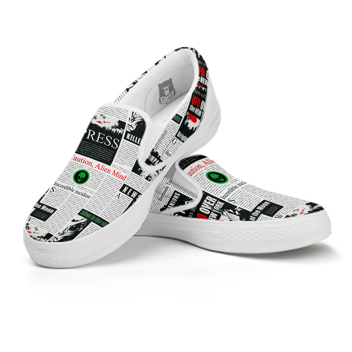 Newspaper Headlines Alien Print Pattern White Slip On Shoes-grizzshop