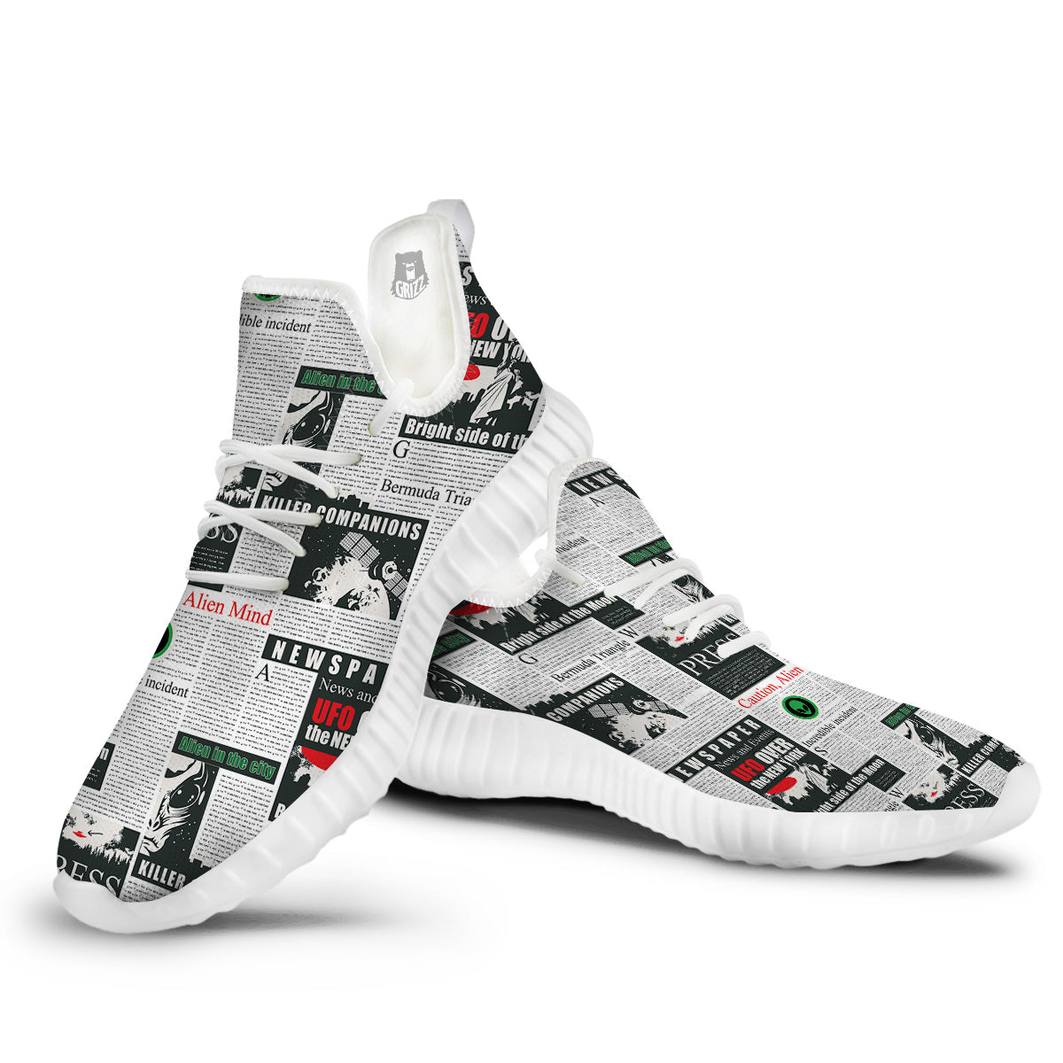 Newspaper Headlines Alien Print Pattern White Walking Shoes-grizzshop