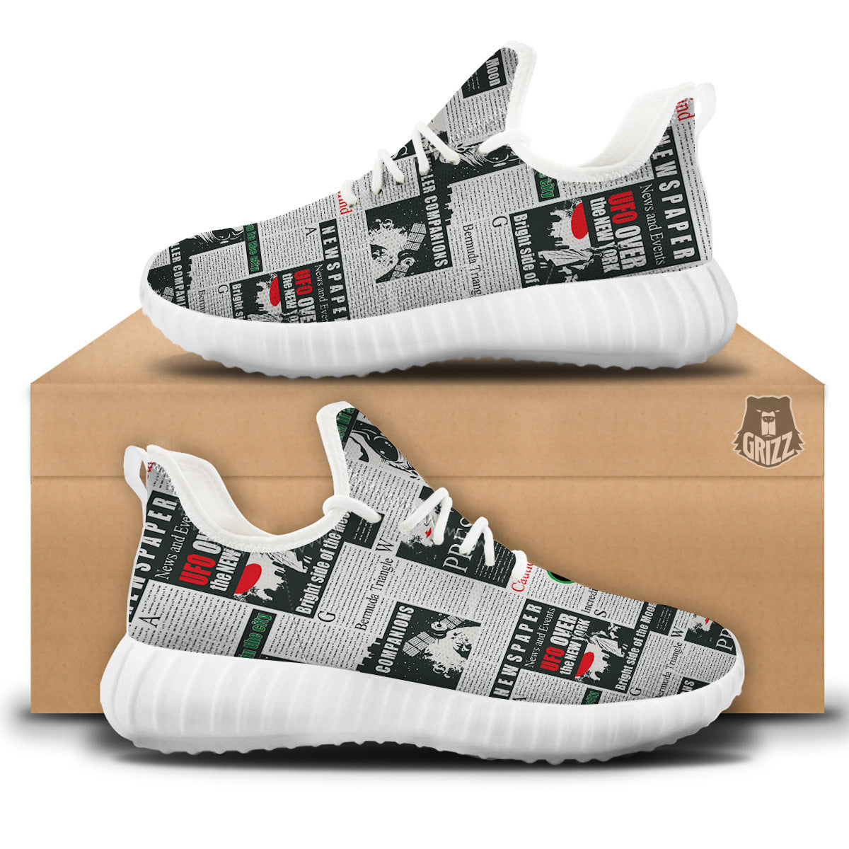 Newspaper Headlines Alien Print Pattern White Walking Shoes-grizzshop