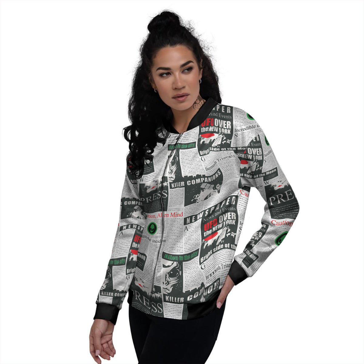 Newspaper Headlines Alien Print Pattern Women's Bomber Jacket-grizzshop