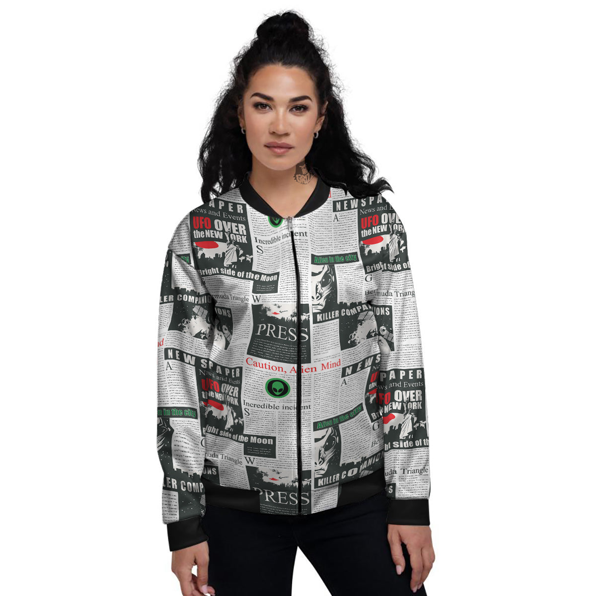 Newspaper Headlines Alien Print Pattern Women's Bomber Jacket-grizzshop