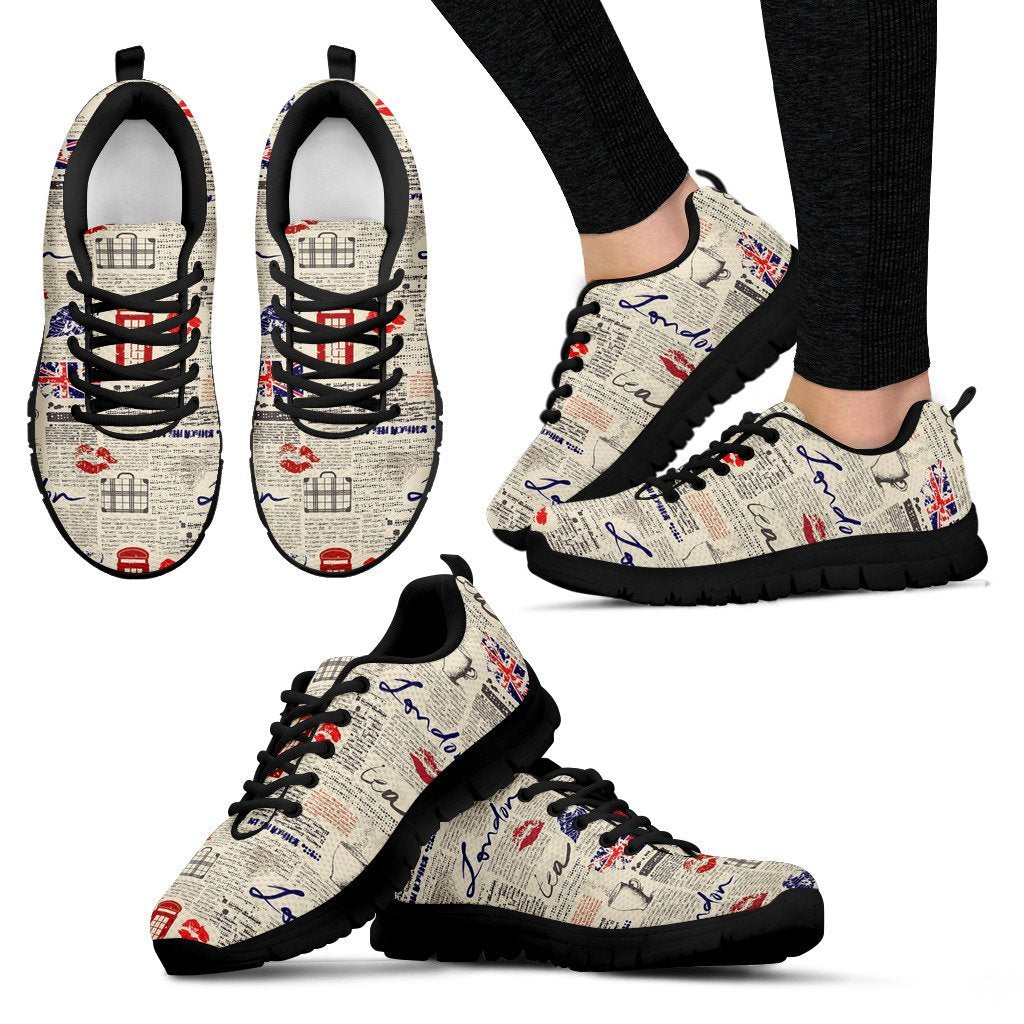 Newspaper Pattern Print Black Sneaker Shoes For Men Women-grizzshop