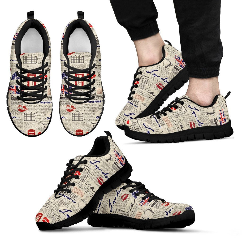 Newspaper Pattern Print Black Sneaker Shoes For Men Women-grizzshop