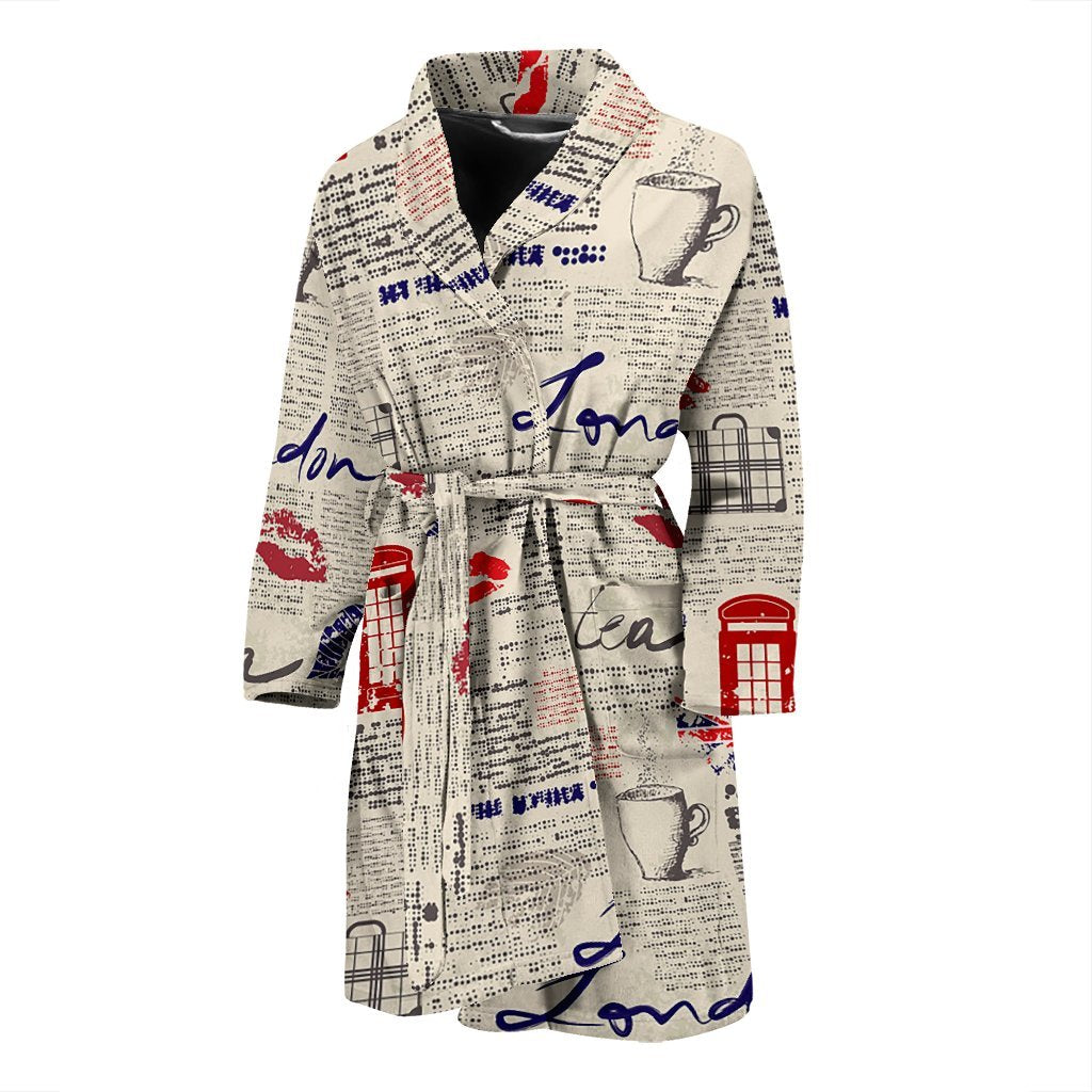 Newspaper Pattern Print Men Long Robe-grizzshop