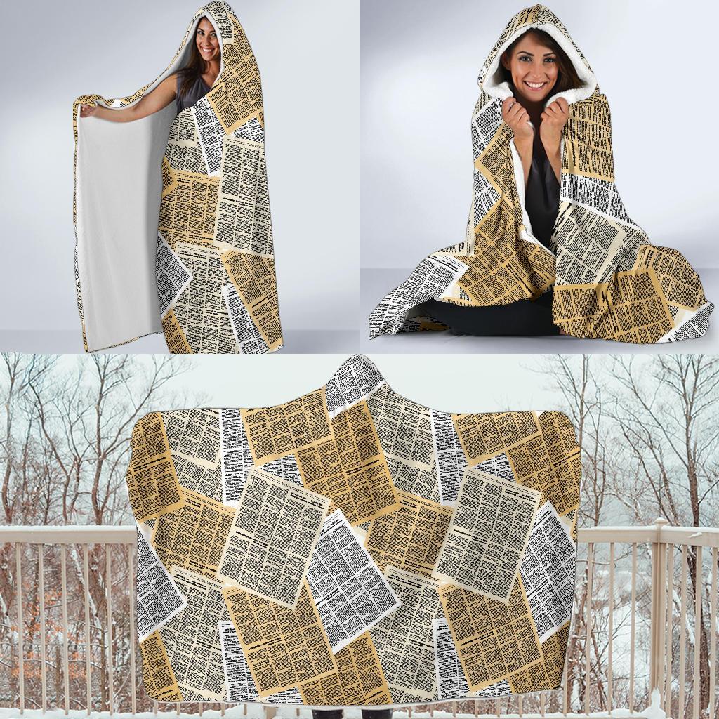 Newspaper Print Pattern Hooded Blanket-grizzshop