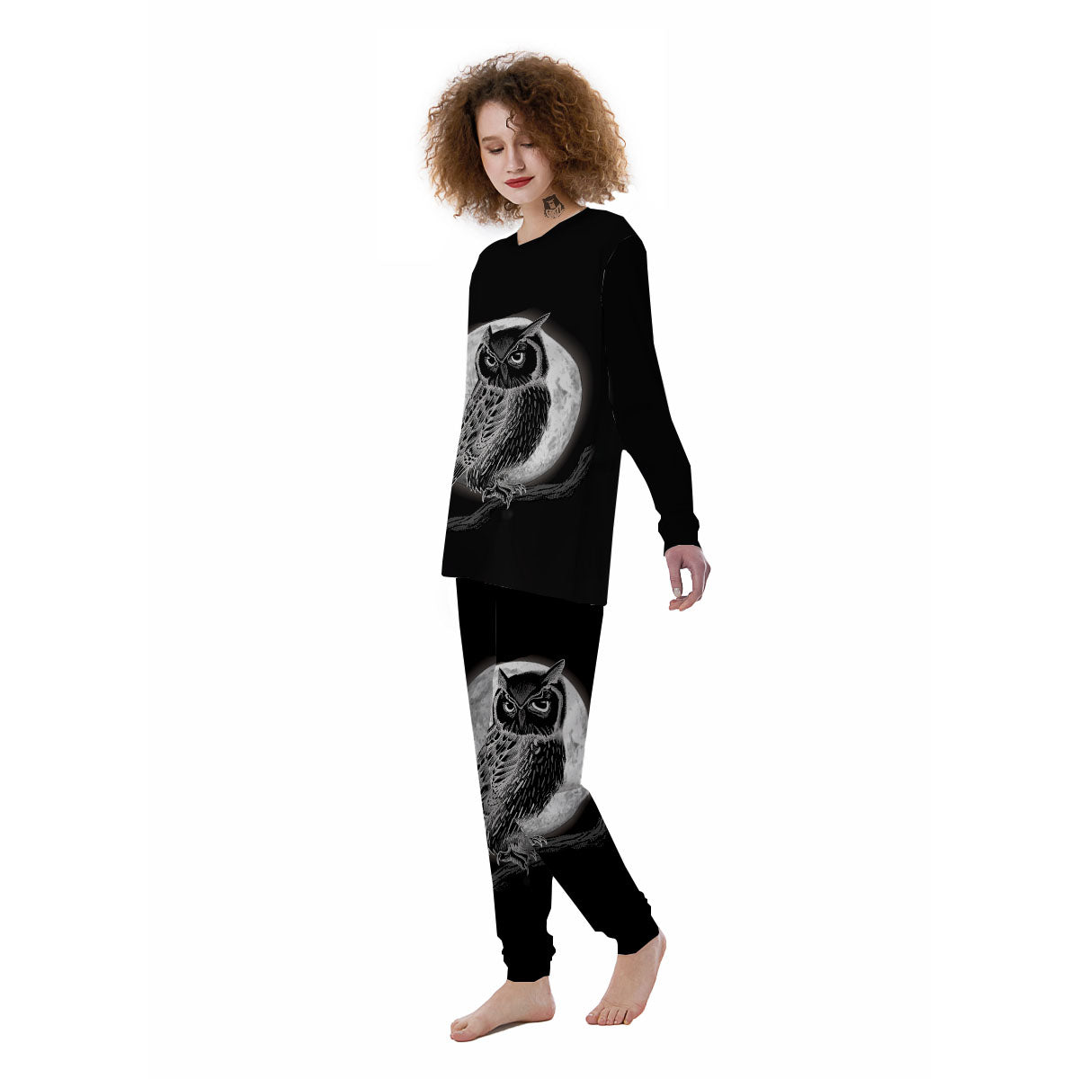 Night Owl Full Moon Print Women's Pajamas-grizzshop