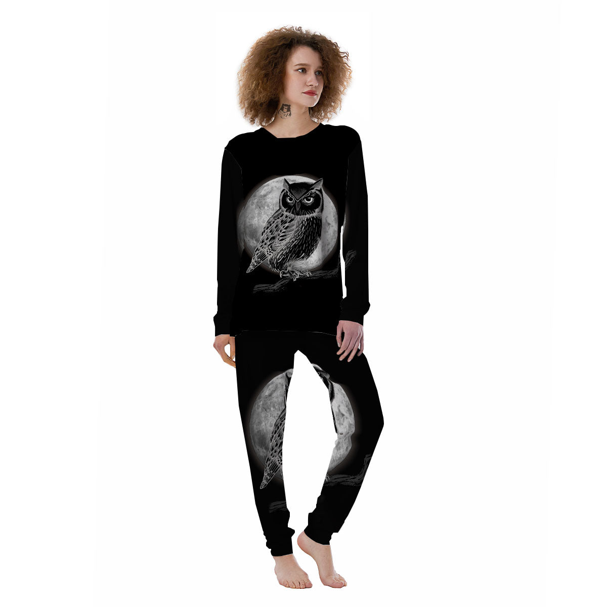 Night Owl Full Moon Print Women's Pajamas-grizzshop