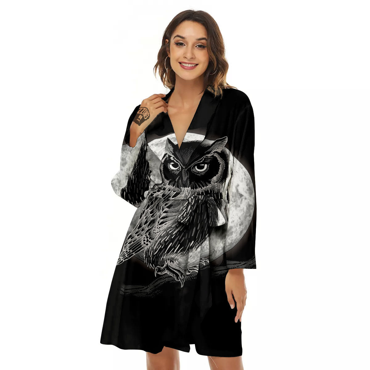Night Owl Full Moon Print Women's Robe-grizzshop