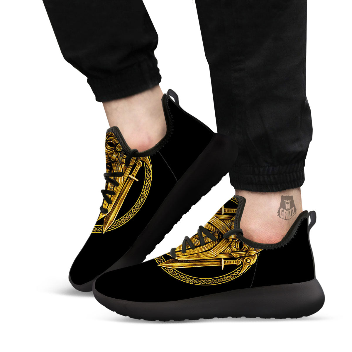 Norse God Odin Gold Viking Print Black Athletic Shoes-grizzshop