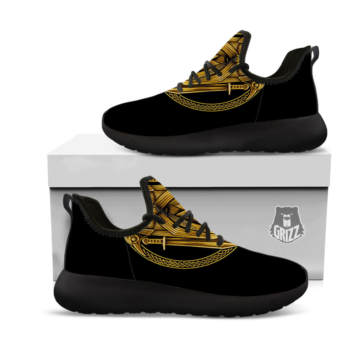Norse God Odin Gold Viking Print Black Athletic Shoes-grizzshop