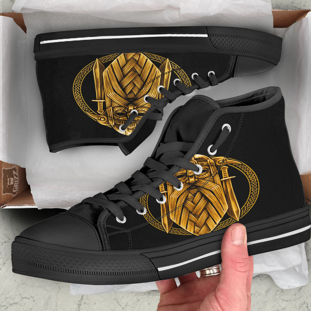 Norse God Odin Gold Viking Print Black High Top Shoes-grizzshop